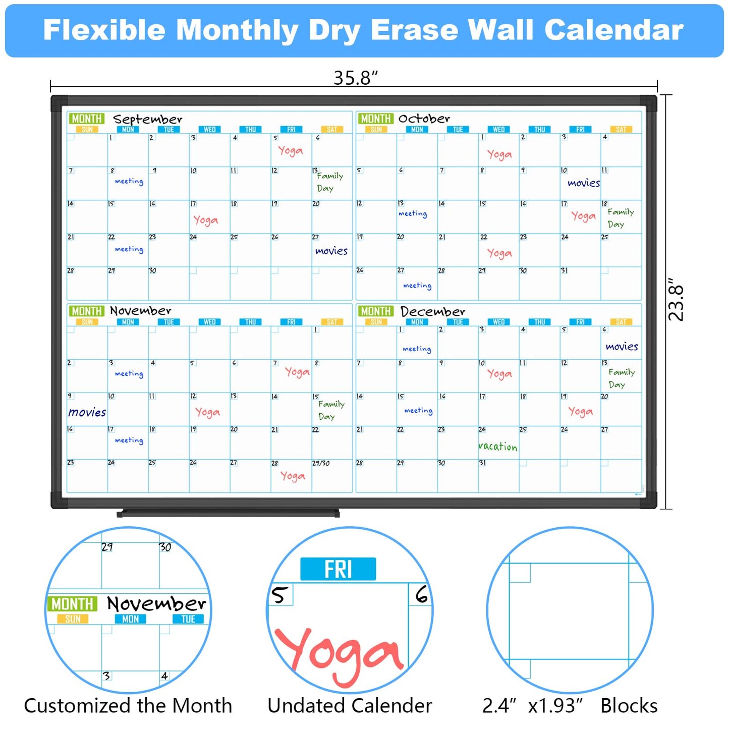 Lockways 36" x 24" Magnetic Dry Erase Calendar Whiteboard - 4-Month Framed Planner with Aluminum Frame,Wall Mountable Office/Home/School Organization Board for Messages, Presentations & Memos