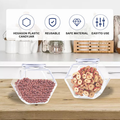 Merkaunis 12 Pcs Hexagon Plastic Jars 30oz Clear Candy Jar Plastic Cookie Jars with Airtight Lids Wide Mouth Reusable Containers Bulk Coffee Candy Display for Dog Treat Gifts Buffet Laundry Pod
