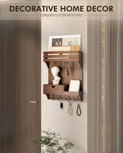 Rebee Vision Farmhouse Key Holder Wall Mount – Decorative Mail Organizer with 9 Key Hooks and Mini Drawer Organizer – Rustic Home Decor for Apartment Essentials (Brown)