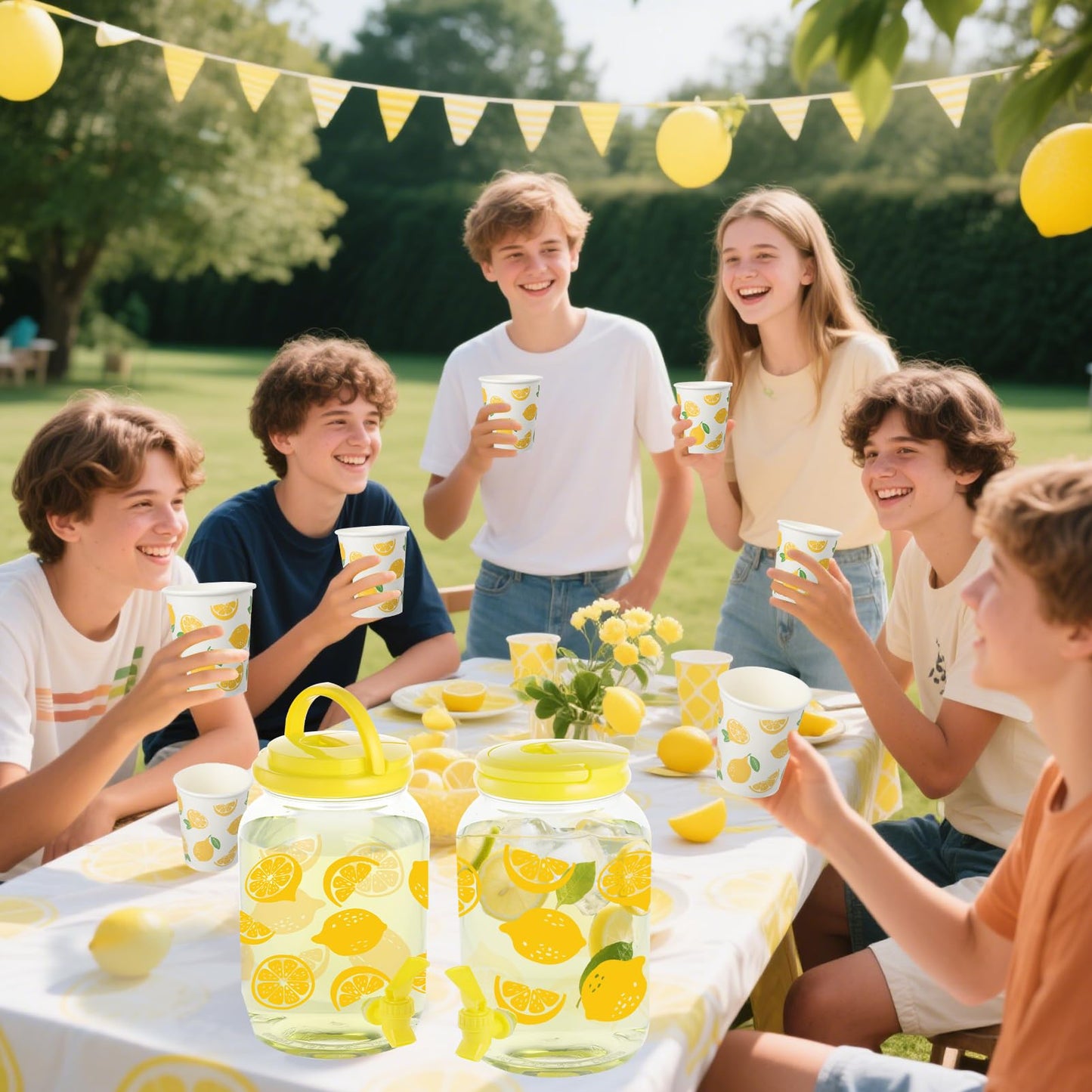 Lemon Plastic Drink Dispenser and 50 Pcs Lemon Paper Party Cups 1 Gallon Iced Beverage Dispenser Tea Jar with Spigot and Carrying Lid Clear Dispenser for Lemonade Stand Lemon Juice Tea Beer