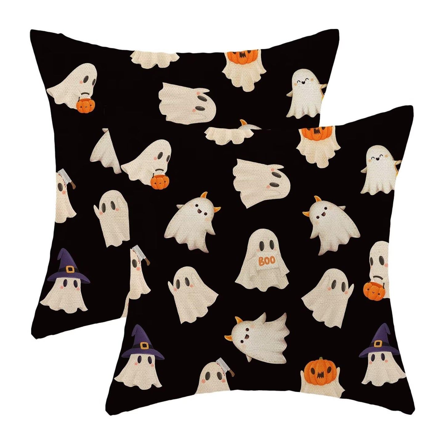 Jecuwo Halloween Pillow Covers 16x16 Inch Set of 2, Happy Halloween Funny Ghost Pumpkin Decorative Throw Pillowcase Black and White Ghost Cushion Cover for Sofa Couch Living Room Bed Decor