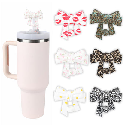 6 Pack Printed Bow Straw Toppers, Silicone 10mm/0.4In Reusable Dust-Proof Straw Cover Caps for Stanley Cup 30&40oz, Tumblers Accessories Gift (6 Colors)