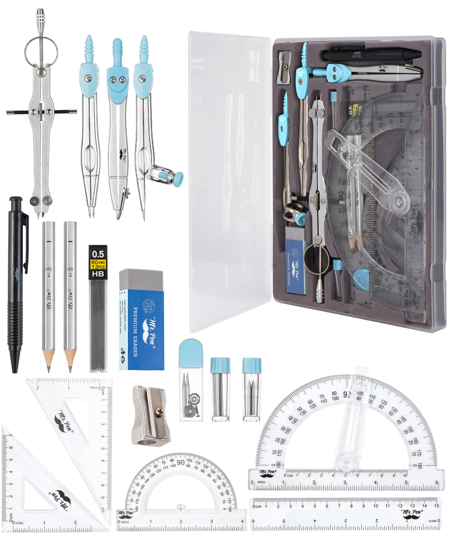 Mr. Pen- Geometry Set, 15 pcs, Light Blue, 6 Inch Swing Arm Protractor, Divider, Set Squares, Ruler, Compasses and Protractor