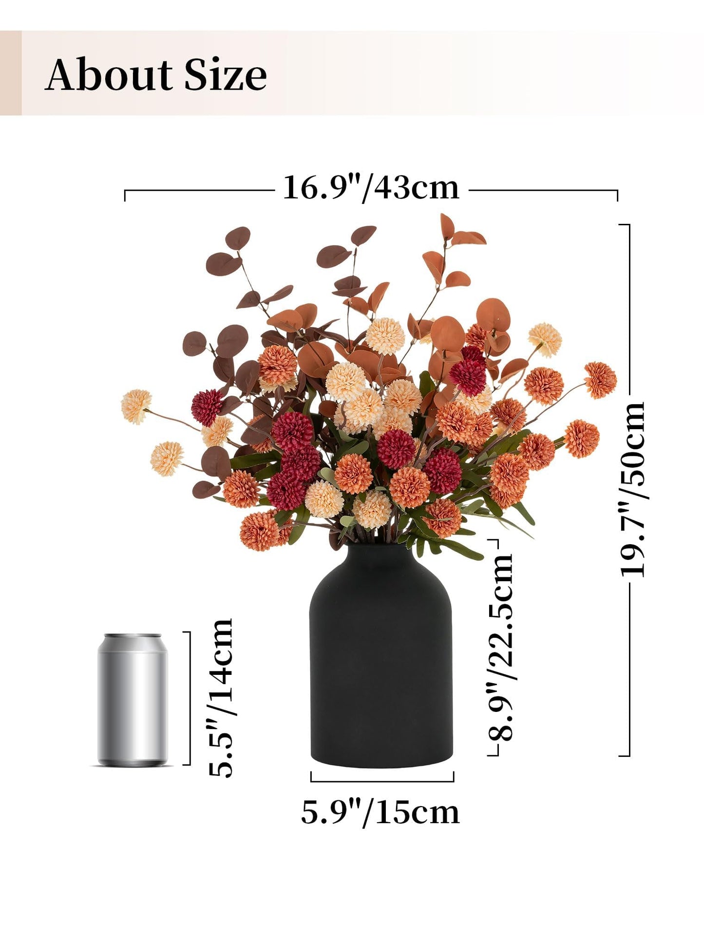BLOSMON Flower Centerpiece Table Decorations: Metal Vase with 12 Stems of Fake Mums Kiku Flowers Eucalyptuses for Home Dining Room - Burnt Orange Artificial Pom Poms Floral Arrangement in Vase
