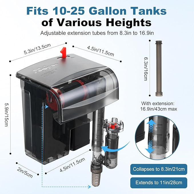Small Fish Tank Filter, Hang On Back Aquarium Filter, Quiet Adjustable Flow Expandable Hose for 10-25 Gal, 3-Stage Filtration System with Surface Skimmer for Circulation and Aeration, 93GPH 5W