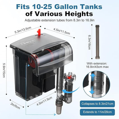 Small Fish Tank Filter, Hang On Back Aquarium Filter, Quiet Adjustable Flow Expandable Hose for 10-25 Gal, 3-Stage Filtration System with Surface Skimmer for Circulation and Aeration, 93GPH 5W