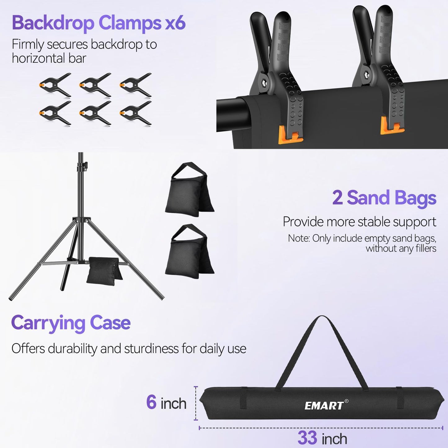 EMART 8.5 x 10 ft Adjustable Photo Backdrop Stand Kit with 12 x 10 ft Portable Black Backdrop, Background Holder Support System Kit for Photography, Party, Live Game, Interviews, YouTube, TIK Tok