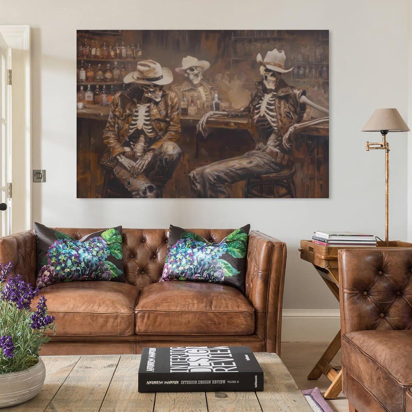 Skeleton Cowboy Saloon Trio Western Rustic Canvas Printing Wall Art Posters Prints Bohemian Aesthetic Bar Scene Oil Style Wall Decor for Living Room Bedroom Bar Office Den 12x18inch(30x45cm)