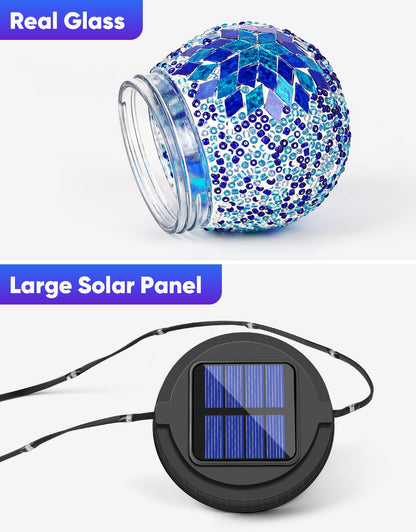 Mosaic Solar Lights Outdoor 2 Pack, Solar Hanging Lanterns Christmas Halloween Gifts for Women Mom Grandma, Waterproof Glass Globe Lights, Garden Patio Decor for Yard, Tree, Balcony, Cold