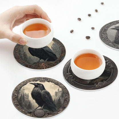 sunwarshile Raven Coasters for Drinks with Holder Round Leather Coasters Set of 6 Cups Mugs Mat Pad for Home Kitchen Bar