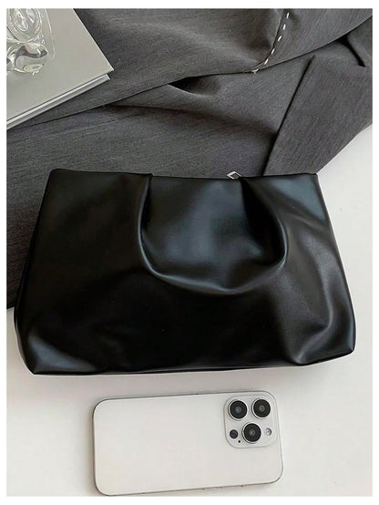 OYOANGLE Women's PU Leather Clutch Purses Small Zipper Ruched Minimalist Handbag Black One Size