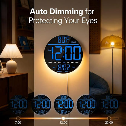 JALL 8" Large Digital Wall Clock with LED Display, Wall Clock with Temperature, Auto DST, Alarm Countdown Timer, 5 Brightness for Office, Bedroom, Living Room, Gym, Classroom Décor, Xmas Birthday Gift
