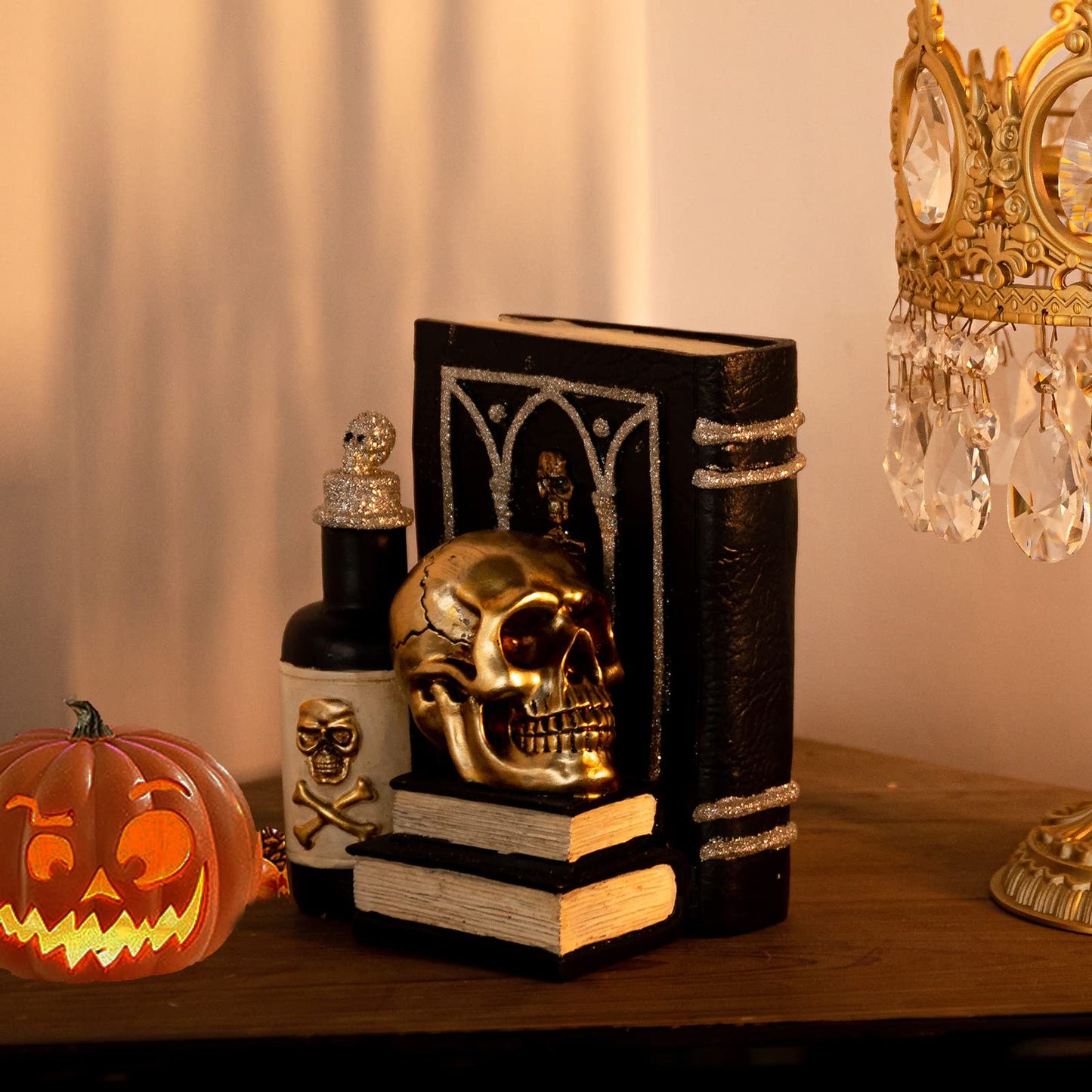 Ovewios Halloween Skull Decor, Gothic Skeleton Heads and Book Resin Statue, Collectible Figurines for Halloween Decor Unique Gifts for Home Decorations 9.2"