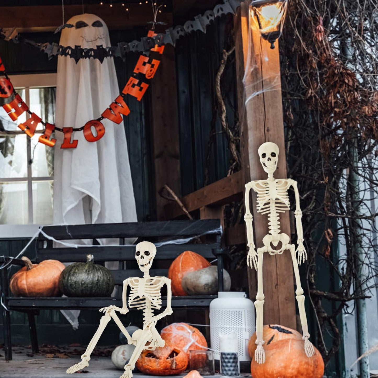 JIALWEN 36" Halloween Posable Skeleton Decorations, 3FT Realistic Plastic Human Full Body Bones with Movable Joints Skeleton for Haunted House Graveyard Props Indoor Outdoor Halloween Party Supplies