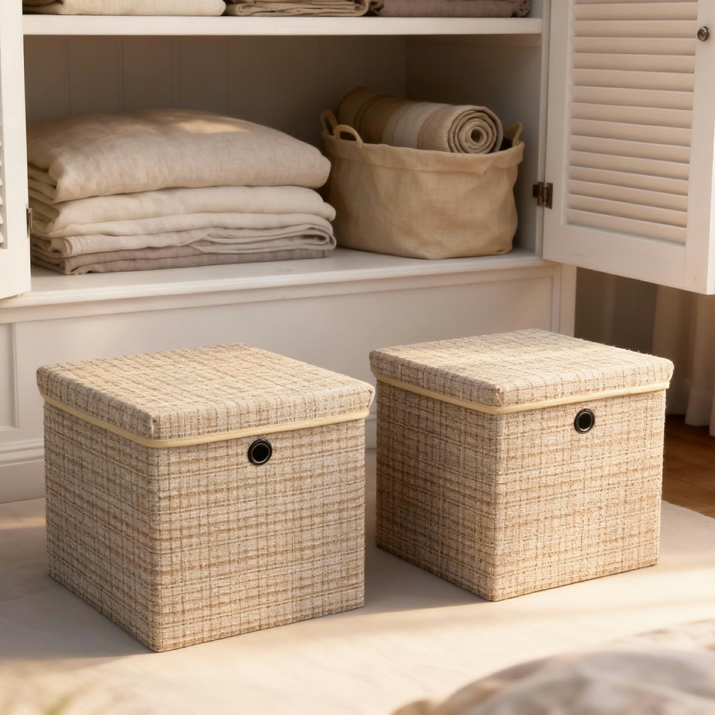 modscape 2-Pack 12"x12" Fabric Storage Bins with Lids, Collapsible Storage Bins for Clothes Toys, Sturdy Storage Cube for Bedroom Closet Shelves Home Organization (Shining Beige, 2)