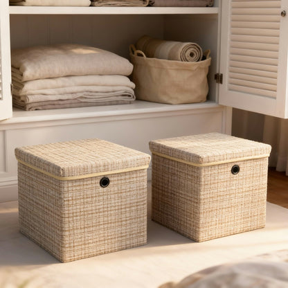 modscape 2-Pack 12"x12" Fabric Storage Bins with Lids, Collapsible Storage Bins for Clothes Toys, Sturdy Storage Cube for Bedroom Closet Shelves Home Organization (Shining Beige, 2)
