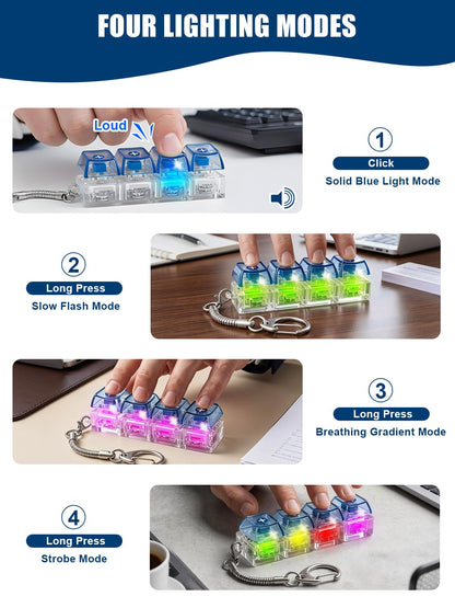 10PCS Light Up Keyboard Fidget Toy, 4-Key LED Keyboard Fidget Clicker Keychain with RGB Lights, Portable Mechanical-Style Sensory Desk Toy for Adults and Teens