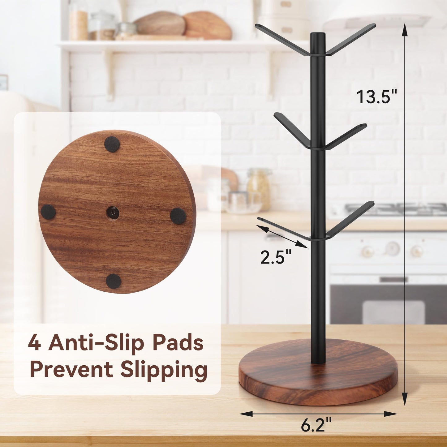 Aomomery Coffee Mug Tree Holder Countertop, Non-Slip Walnut Wood Mug Rack with 6 Hooks, Coffee Cup Rack for Home Storage and Organizer (Brown)