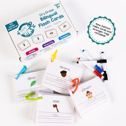 Dry Erase Spanish Flash Cards for Kids | English - Spanish Alphabet Flash Cards for Beginners - Set of 200 ESL Teaching and Learning Bilingual Flashcards for Writing and Reading Games.