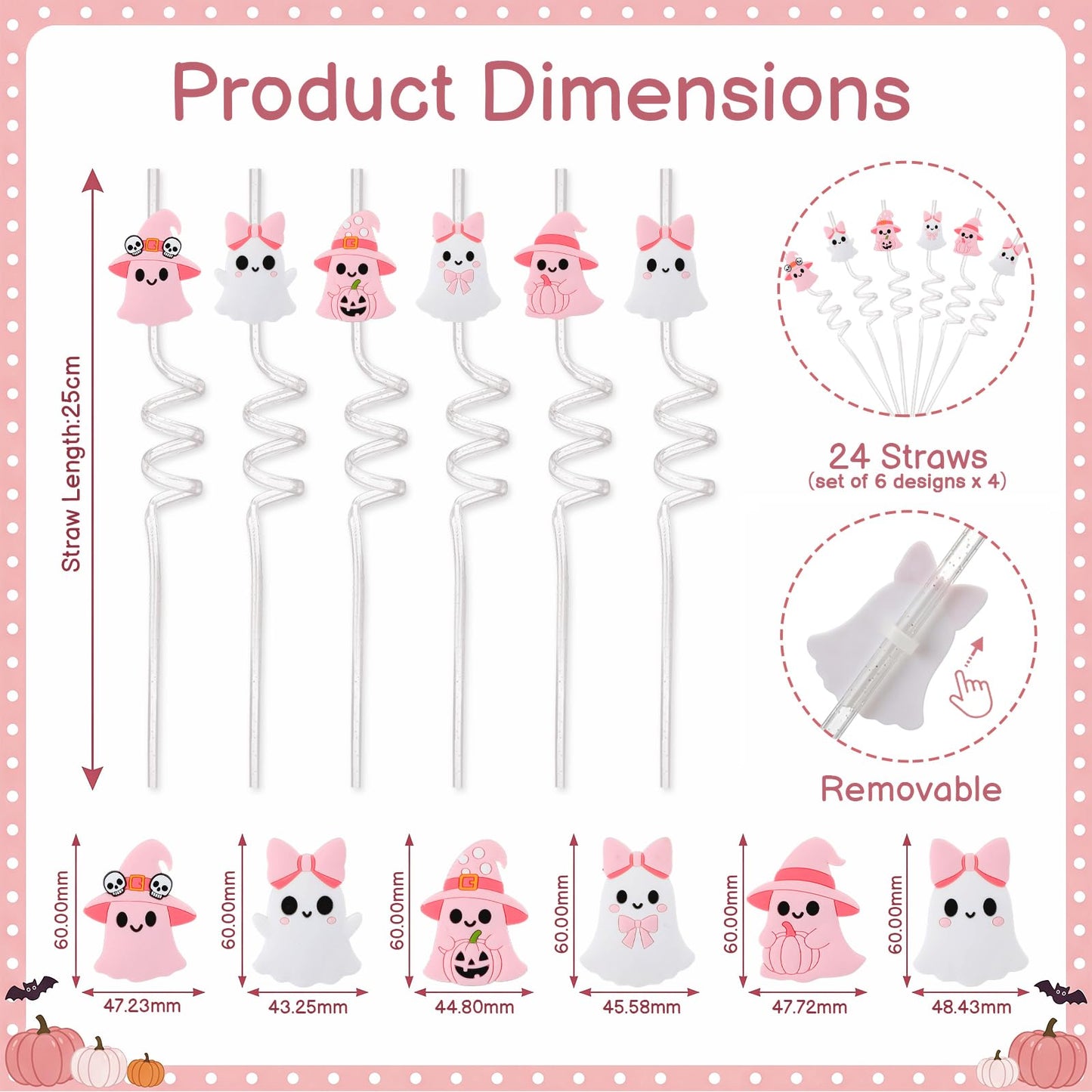 Acellegic 24 Pcs Halloween Reusable Plastic Straws Bulk Pink White Ghost Glitter Plastic Straws Cute Cartoon Ghost Decoration for Adults Halloween Party Supplies Birthday Party Favors