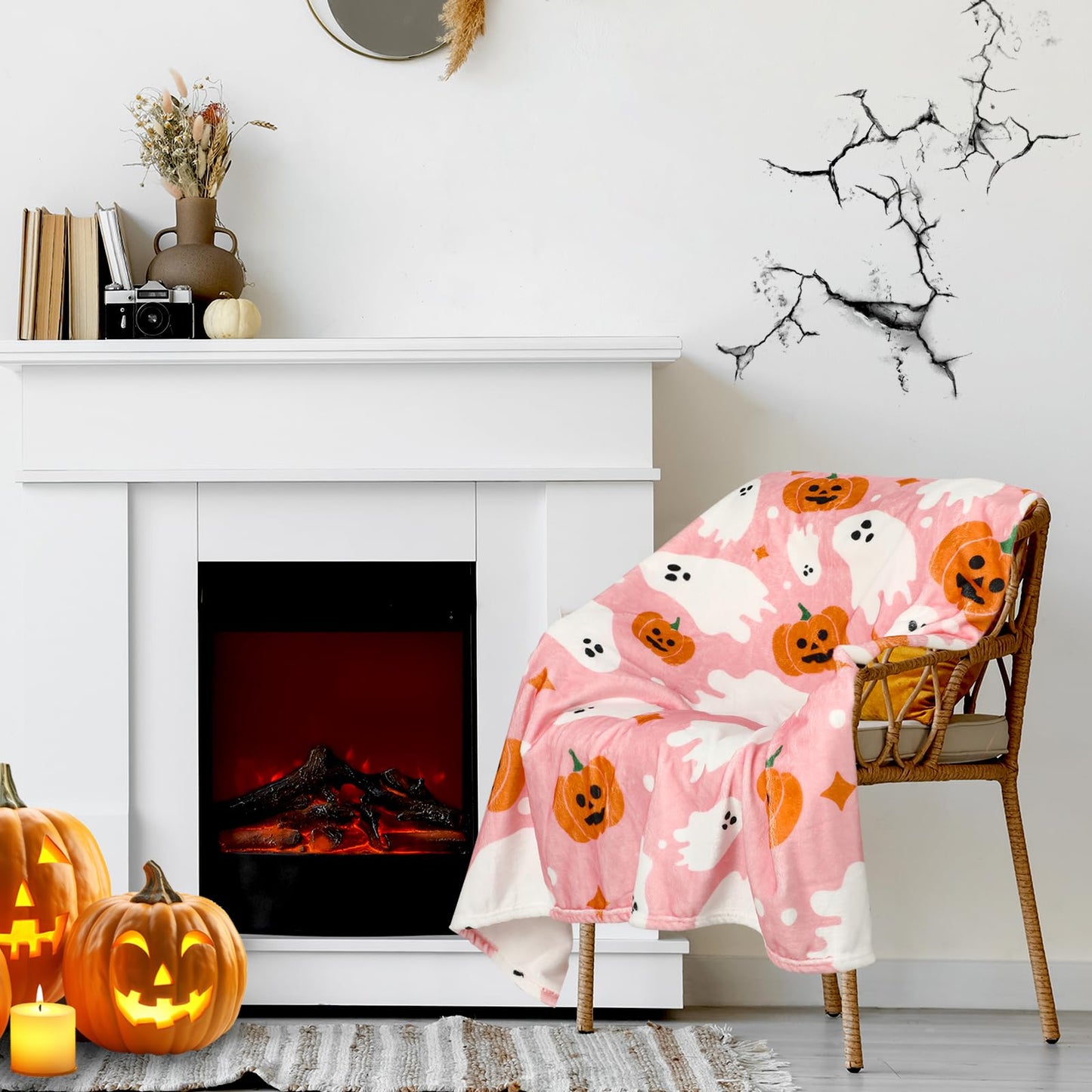 JarThenaAMCS Halloween Fuzzy Flannel Blanket 60 x 50 Inch Ghost Pumpkin Throw Blanket Pink Soft Blankets for Farmhouse Home Chair Sofa Couch Bed