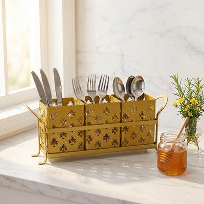 DRPORONYN Silverware Caddy with Bee Design, 3 Compartment Metal Utensil Holder with Handles,Silverware Holder for Party Countertop, Kitchen, Outdoor, Cutlery Holder Organizer for Spoon Fork,Gold