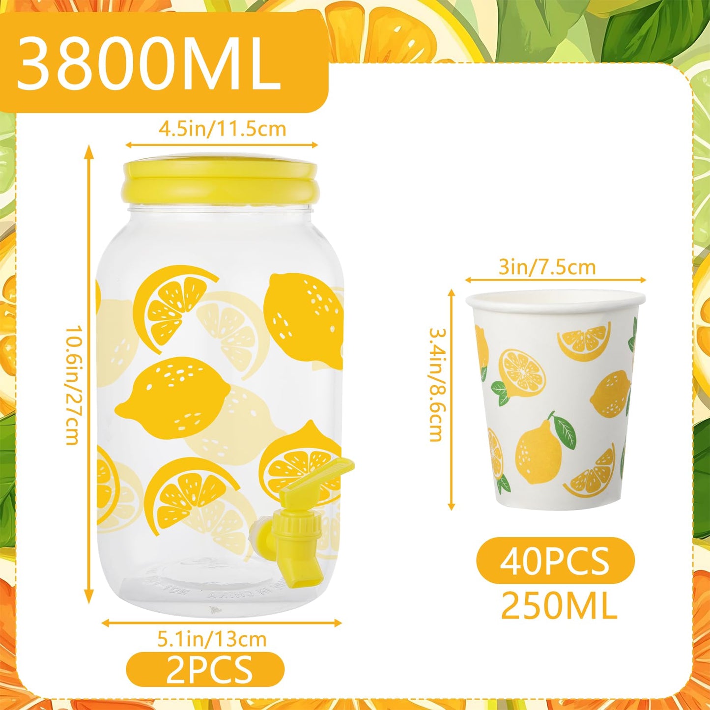 2 Piece Lemon Plastic Drink Dispenser and 40 Pcs Lemon Paper Party Cups 1 Gallon Iced Beverage Dispenser Tea Jar with Spigot and Carrying Lid Clear Dispenser for Lemonade Stand Lemon Juice Tea Beer