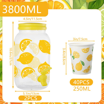 2 Piece Lemon Plastic Drink Dispenser and 40 Pcs Lemon Paper Party Cups 1 Gallon Iced Beverage Dispenser Tea Jar with Spigot and Carrying Lid Clear Dispenser for Lemonade Stand Lemon Juice Tea Beer