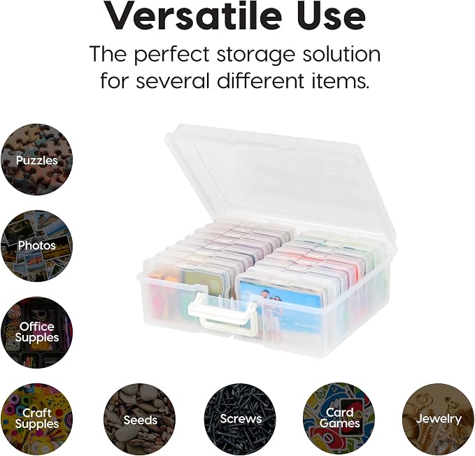 IRIS USA 4" x 6" |Made in USA| 2-Pack Photo Organizers and Picture Storage Box with Handle, 16 Inner Cases/Containers for Tasks, Stickers, Ephemera, & Flashcards - Clear
