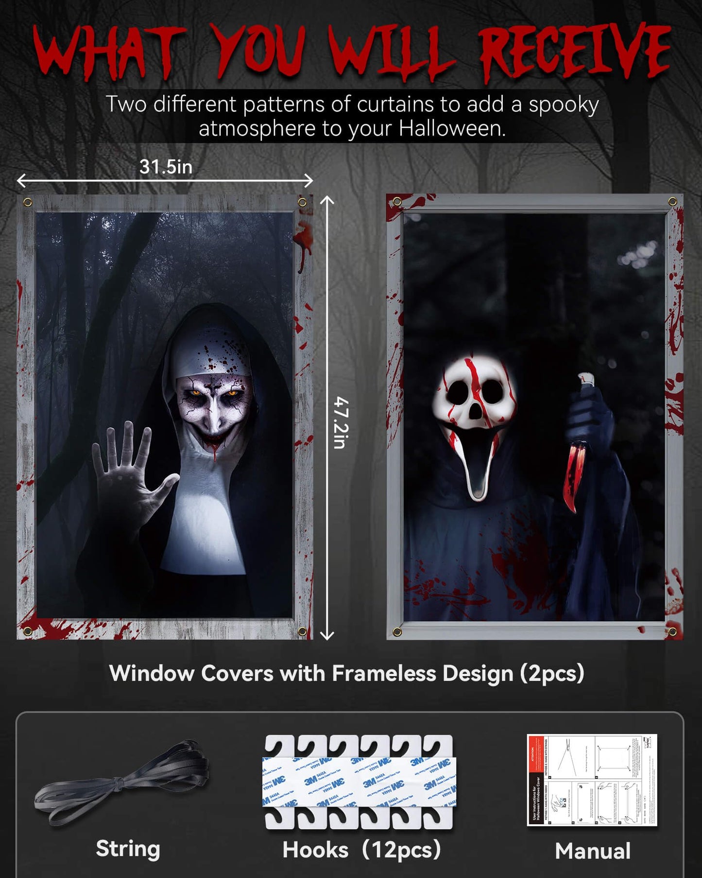 YUSPENYE 2 Pack of Halloween Sister Ghost Window Door Scary Cover, Halloween Decoration, Party Decors