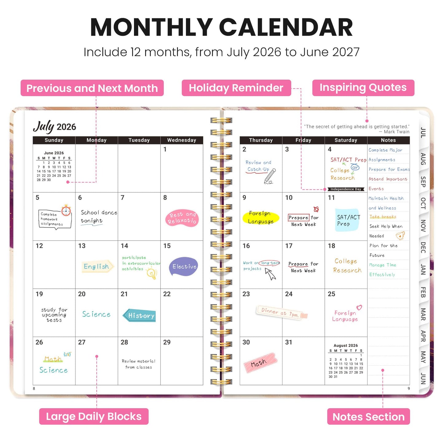 Academic Planner 2026-2027, Monthly and Weekly Calendar Planner, July 2026 - June 2027, Pretty Hardcover Teacher Student Planning Agenda Book with Tabs, Fit for School Office Supplies, 6.3" x 8.5", Velvet Stroke
