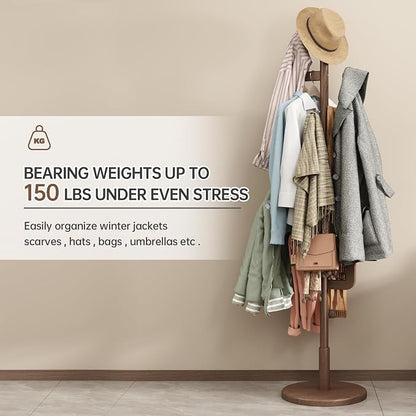 Muwuele Solid Wood Cactus Coat Rack, Freestanding Coat Rack With 6 L-Shaped Hooks and 3 Adjustable Sizes, Coat Tree for Bedroom, Entryway, Livingroom, Coat Hanger Stand for Coats, Handbags (Walnut)