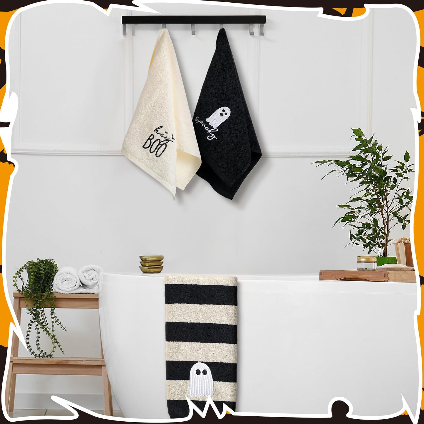 SmoothNovelty 3 Pcs Halloween Ghost Hand Towels for Bathroom Cotton Embroidered Rodeo Kitchen Towels 13.3" x 29.5" Rustic Gifts for Bath Shower Farmhouse Decors Housewarming Gift(Black)