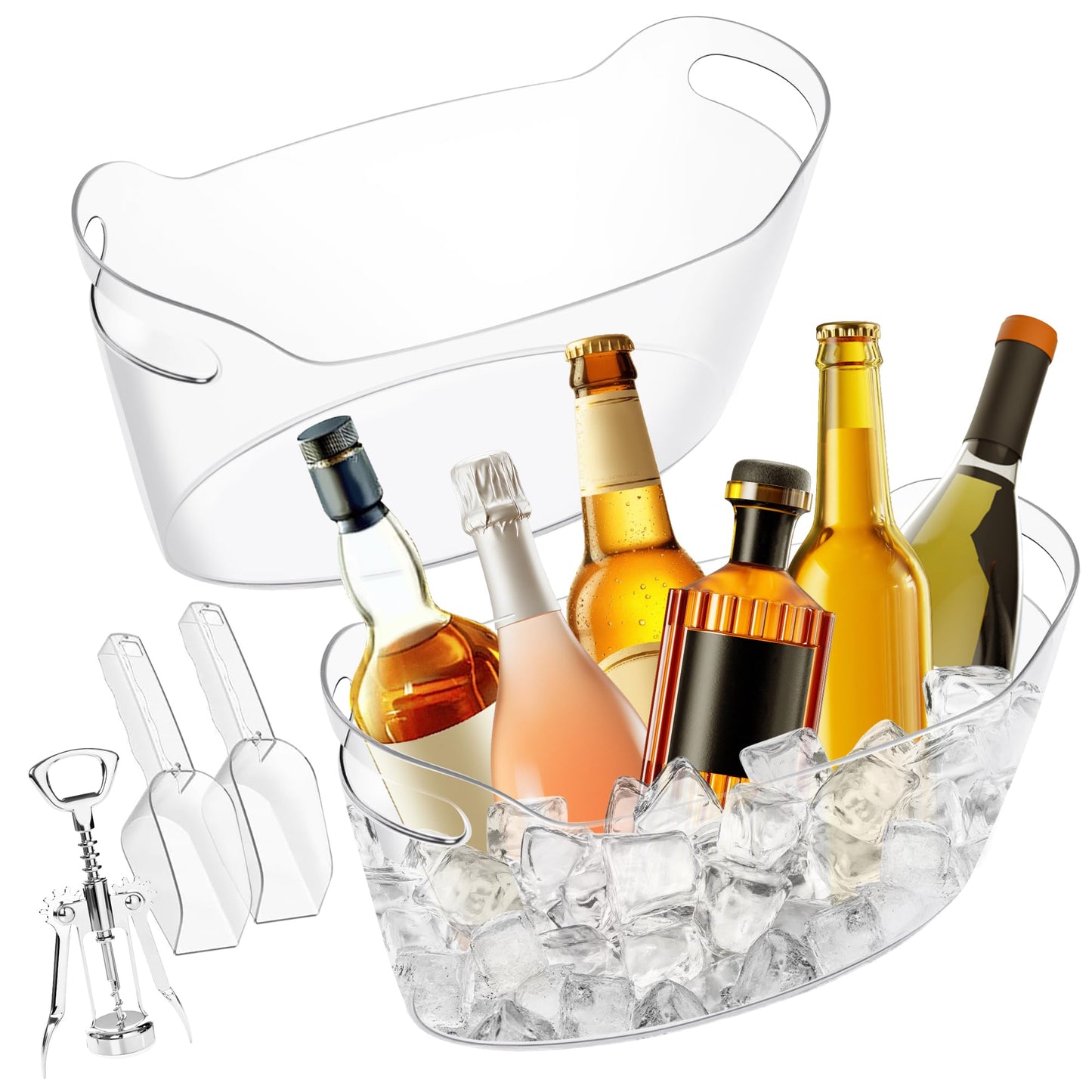 Acrylic Champagne Bucket Set of 2, Ice Bucket for Parties6.5L Large Party Ice Bucket with Ice Scoop & Bottle Opener – Clear Drink Tub for Wedding, Bar, Pool Party, Beer & Wine Chilling (White-B)