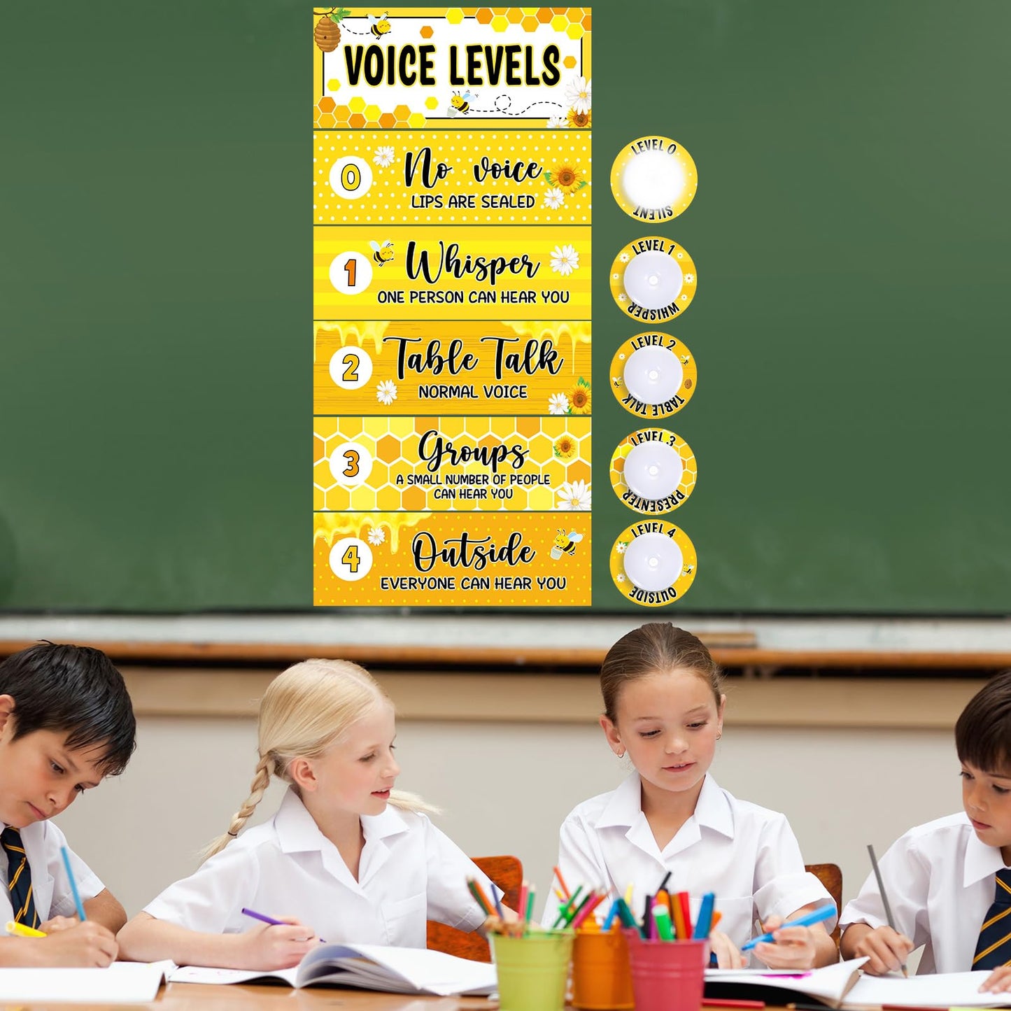 5 Pcs School Push Light and Voice Level Poster Voice Level Chart Monitor Rules Sign LED Tap Light Classroom Rules Poster Noise Chart Classroom Management Tools for Teachers Back to School（Bee Style）