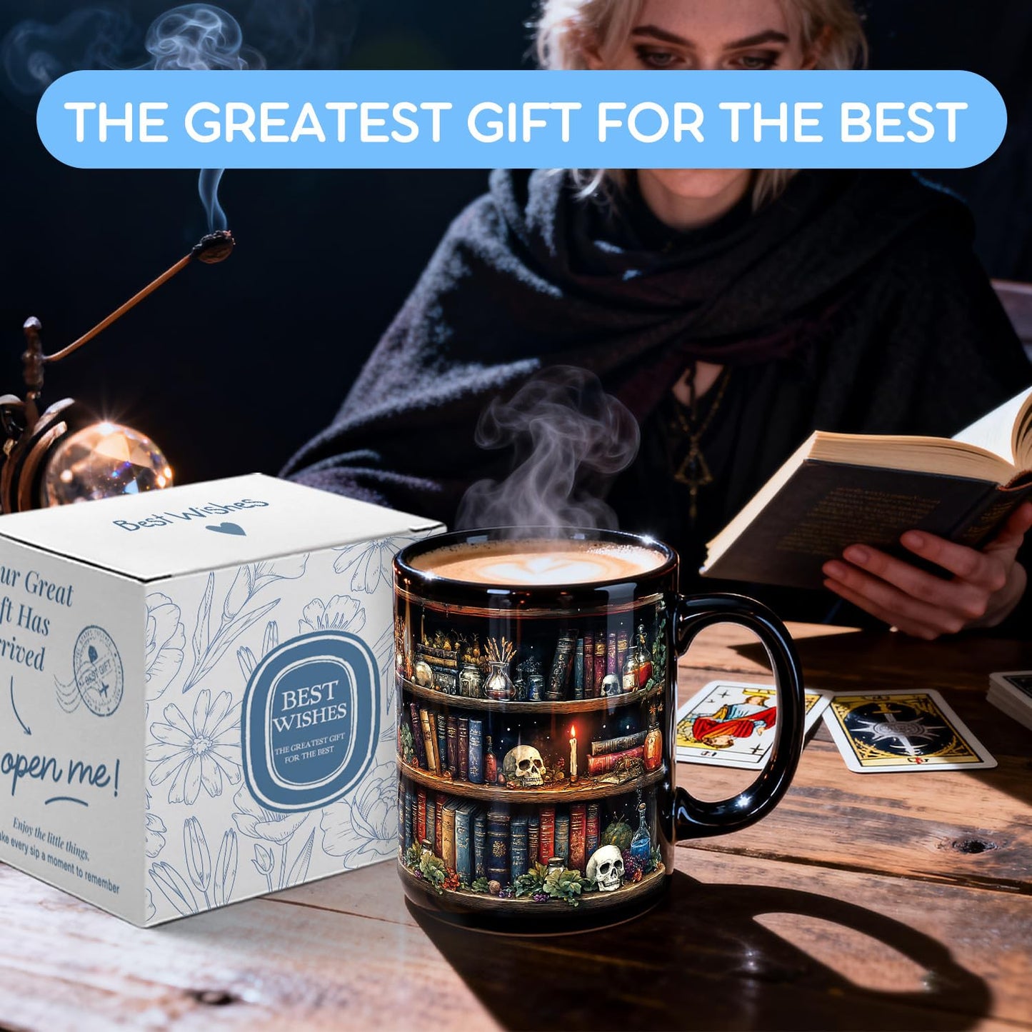 Palasarkaaa Skull Bookshelf Coffee Mug Gifts for Book Lovers Women, Witch, Goth Decor Halloween Cup With Skulls Cup Gothic Gift for Men, Dad, Mom