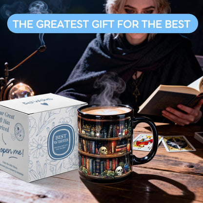 Palasarkaaa Skull Bookshelf Coffee Mug Gifts for Book Lovers Women, Witch, Goth Decor Halloween Cup With Skulls Cup Gothic Gift for Men, Dad, Mom