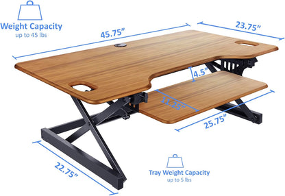Rocelco 46" Large Height Adjustable Standing Desk Converter with Double Monitor Mount BUNDLE - Sit Stand Up Computer Workstation Riser - Retractable Keyboard Tray - Teak Wood Grain (R DADRT-46-DM2)
