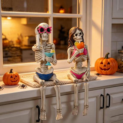 Summer Decorations Halloween Skeleton Statue - Collectible Figurines Summerween Couple with Dangling Leg Bikini Sunglass 7.5H in Perfect for Coastal Tropical Ocean Beach Pool Decor Newman House Studio
