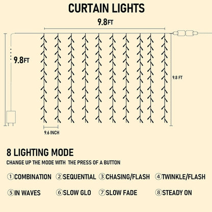 Dazzle Bright 300 LED Curtain String Lights, Waterproof, 8 Lighting Modes, Blue, Model CL-300CC