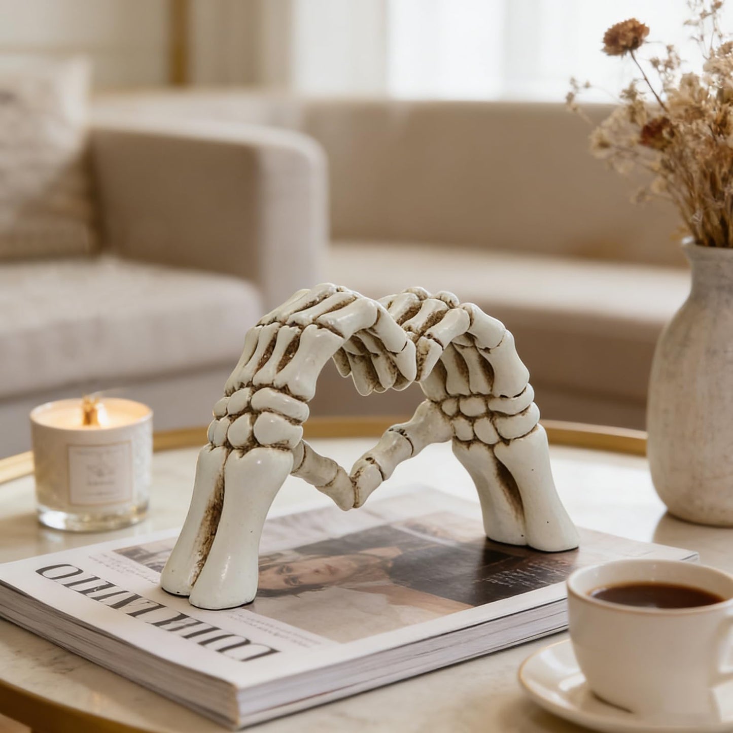 Skeleton Heart Hands Sculpture - 9.45" Gothic Home Decor, White Aesthetic Skeleton Hands Statue for Halloween, Dark Romance Heart Gesture Figurine for Shelf, Desk, Mantle, Macabre Wedding Decor