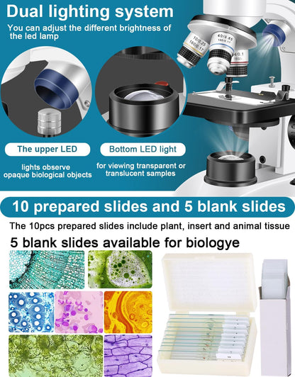 Woehrsh Microscope for Adults WF10x and WF25x eyepieces, 40X-2000X Magnification USB Camera, Microscope for Adults Suitable for Laboratory School Home Education（White Microscope）