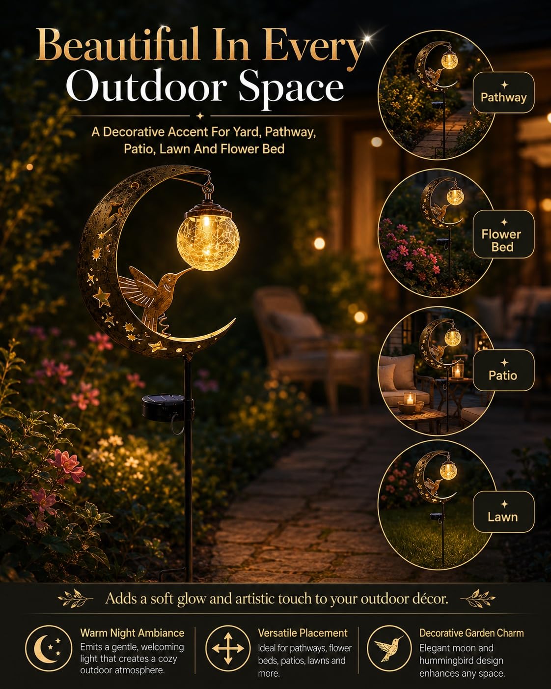 MJTLCZF Hummingbird Moon Solar Garden Stake Light,Half and Half Moon Ball LED Pathway Decor Crackle Hanging Glass Globe Ball Metal Crescent for Outside Yard Patio Lawn Pathway Outdoor Decor(2PCS)