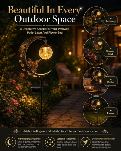 MJTLCZF Hummingbird Moon Solar Garden Stake Light,Half and Half Moon Ball LED Pathway Decor Crackle Hanging Glass Globe Ball Metal Crescent for Outside Yard Patio Lawn Pathway Outdoor Decor(2PCS)