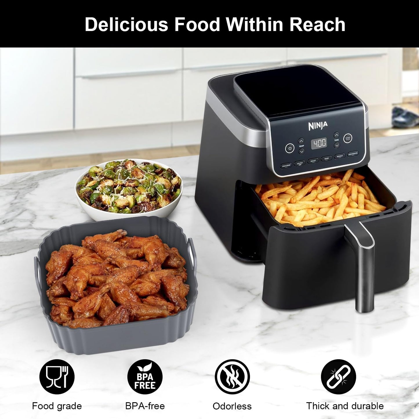 Square Silicone Air Fryer Liners 2 Pack, Compatible with Ninja AF141 181, 8.5 Inch Air Fryer Liners for COSORI 5-6.5 QT, Reusable Silicone Basket, Air Fryer Accessories