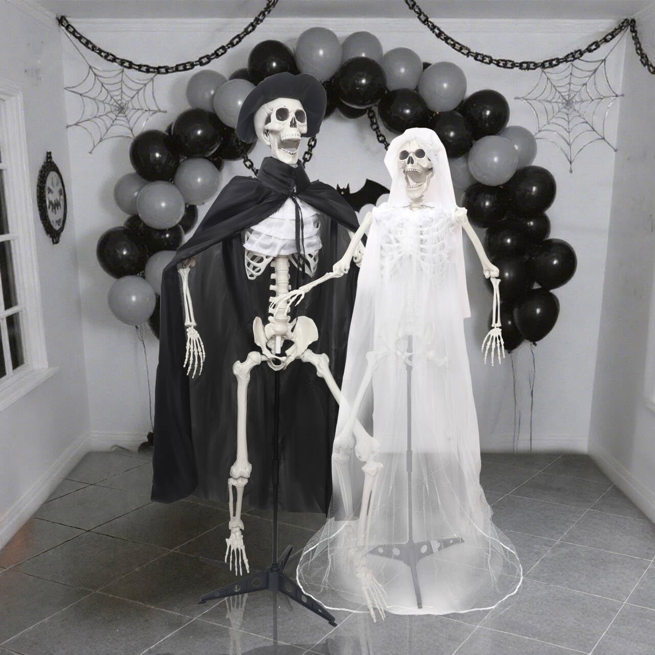 2PC 5.4Ft Life Size Skeletons with Stand Gothic Skeleton Bride and Groom Plastic Skeleton with Movable Joints for Halloween Party Haunted House Front Lawn Decoration