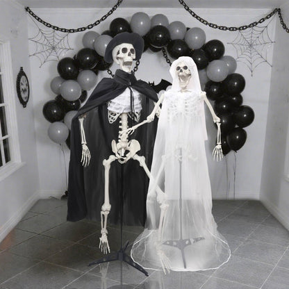2PC 5.4Ft Life Size Skeletons with Stand Gothic Skeleton Bride and Groom Plastic Skeleton with Movable Joints for Halloween Party Haunted House Front Lawn Decoration