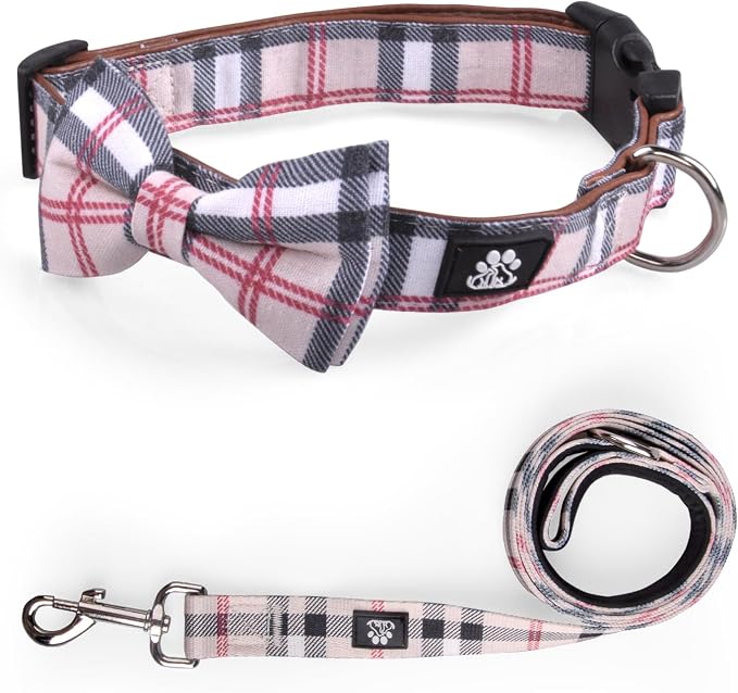 IVY&LANE Dog Collar with Bowtie and Leash Set | Plaid Adjustable Dog Collar | Detachable Bow Tie |5 FT Dog Leash | for Small Medium Large Dogs | Checkered Beige | X-Small
