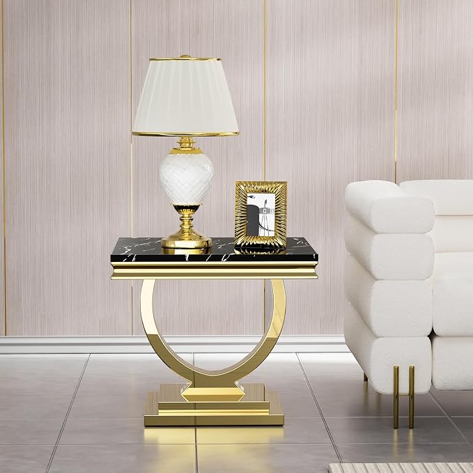 2 Piece Living Room Table Set Include 1 Faux Marble Coffee Table & 1 End Table, Modern Black Gold Coffee Table Set of 2 with Double O Shape Stainless Steel Pedestal Base