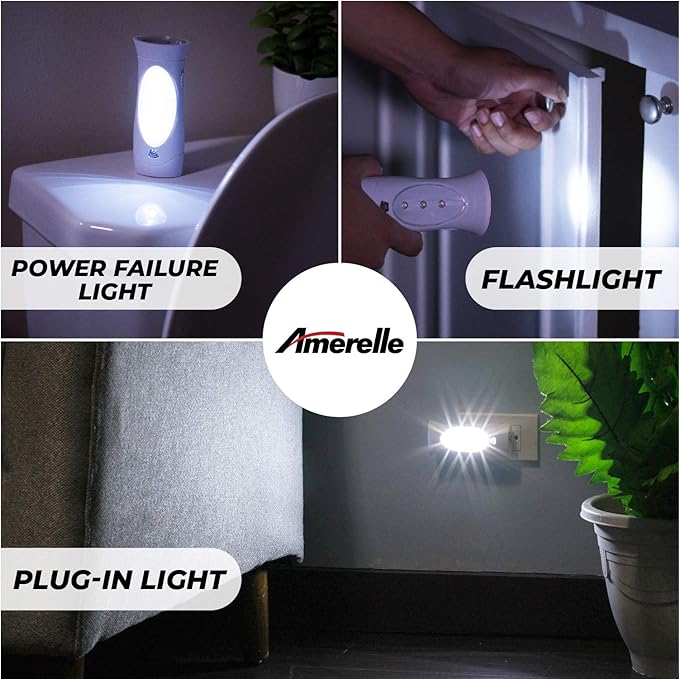 Amerelle LED Emergency Lights for Home Power Failure, 6 Pack - Triple Function Power Failure Light and Plug in Flashlight Combo, with Rechargeable Battery - Be Snow Storm & Hurricane Ready (71134)